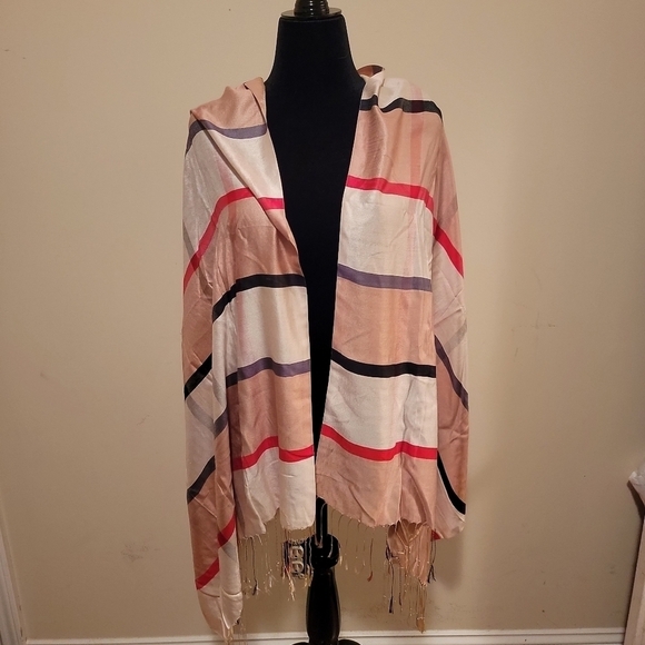 unknown Accessories - Tan Plaid Silk Blend Fringe Scarf / Wrap